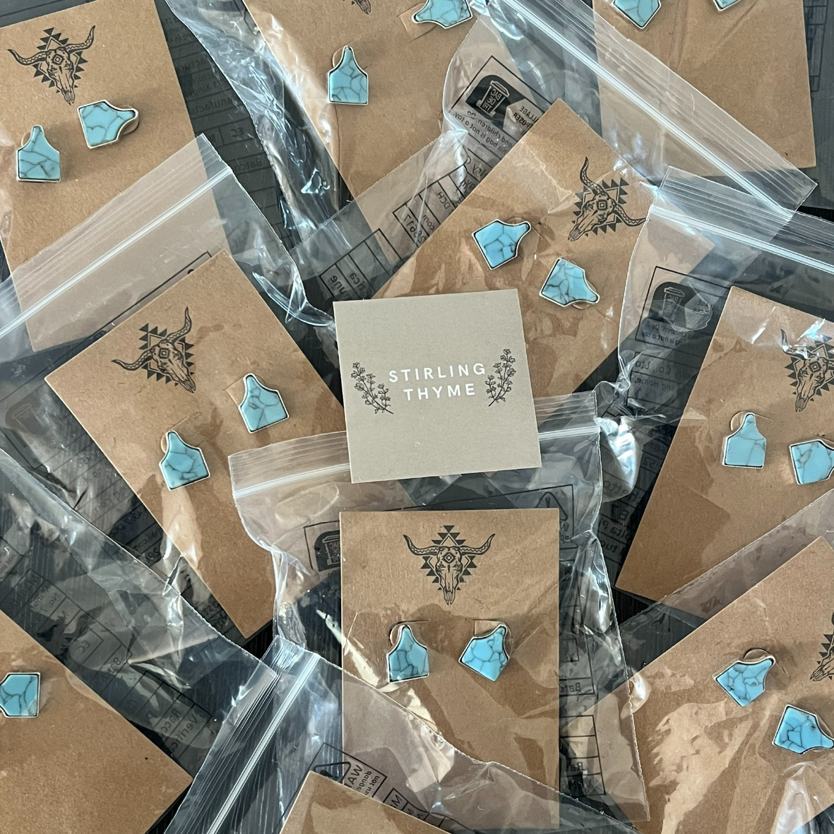 Cow Tag Studs - turquoise stone